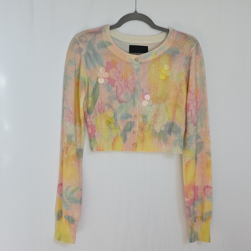 Le Superbe Pastel Crop Button Up Sweater with Large Sequin Accents.  Size Small